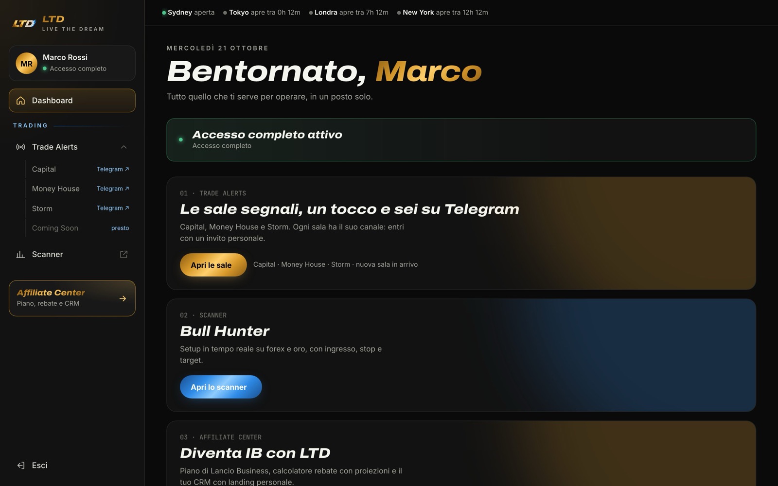 Schermata della piattaforma LTD Legacy: dashboard